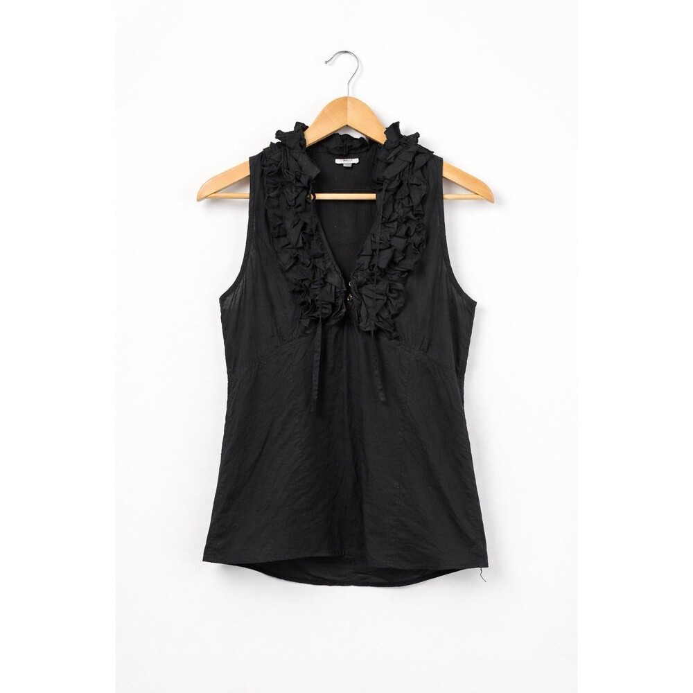 AZIZ Black Ruffled Sleeveless Cotton Blouse Womens L Button Front Boho
